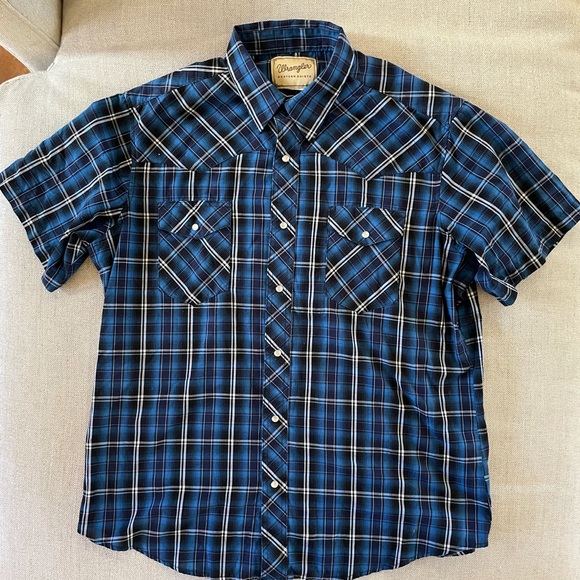 Wrangler Vintage Short Sleeve Check Print Pearl Snap Chores Shirt in Blue XL - Picture 2 of 5